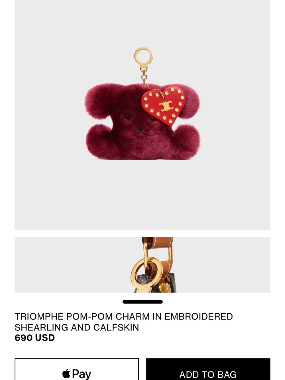 Celine Burgundy Shearling Bear Charm with Red Heart
